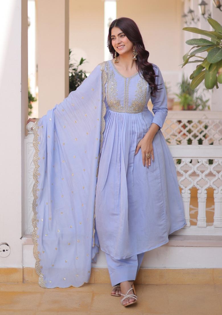 Sky Blue Beads Work Mal Chanderi Anarkali Set - Indya