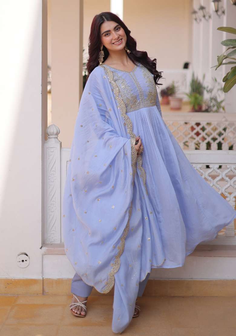 Sky Blue Beads Work Mal Chanderi Anarkali Set - Indya