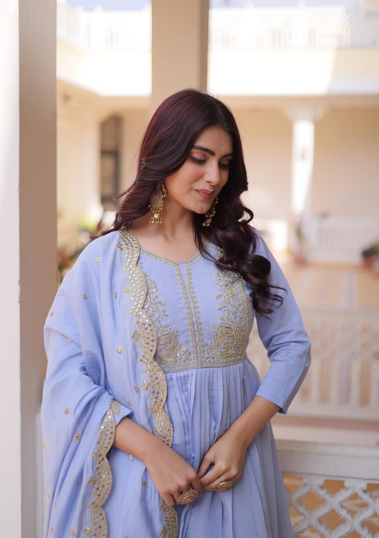 Sky Blue Beads Work Mal Chanderi Anarkali Set - Indya