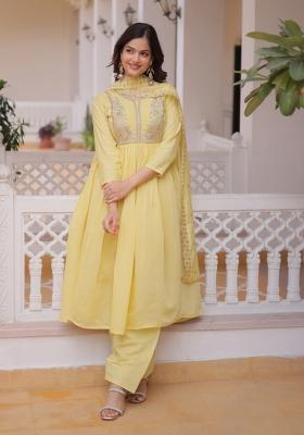 Yellow Beads Work Mal Chanderi Anarkali Set
