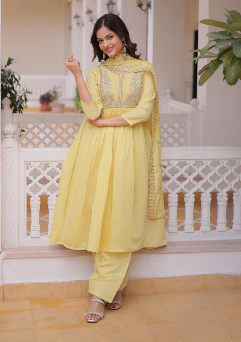 Yellow Beads Work Mal Chanderi Anarkali Set - Indya
