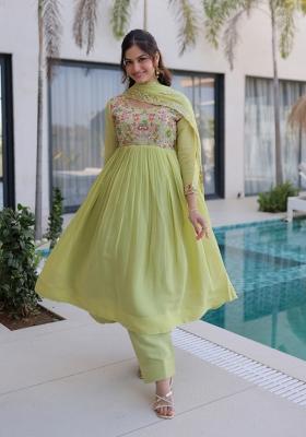 Pista Beads Work Mal Chanderi Anarkali Set