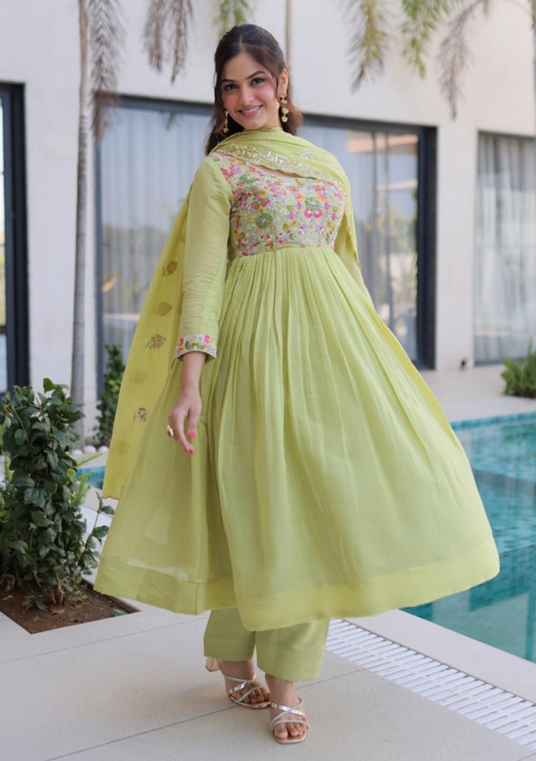 Pista Beads Work Mal Chanderi Anarkali Set - Indya