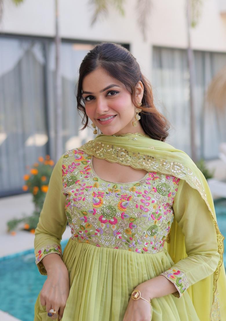 Pista Beads Work Mal Chanderi Anarkali Set - Indya