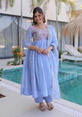 Sky Blue Beads Work Mal Chanderi Anarkali Set