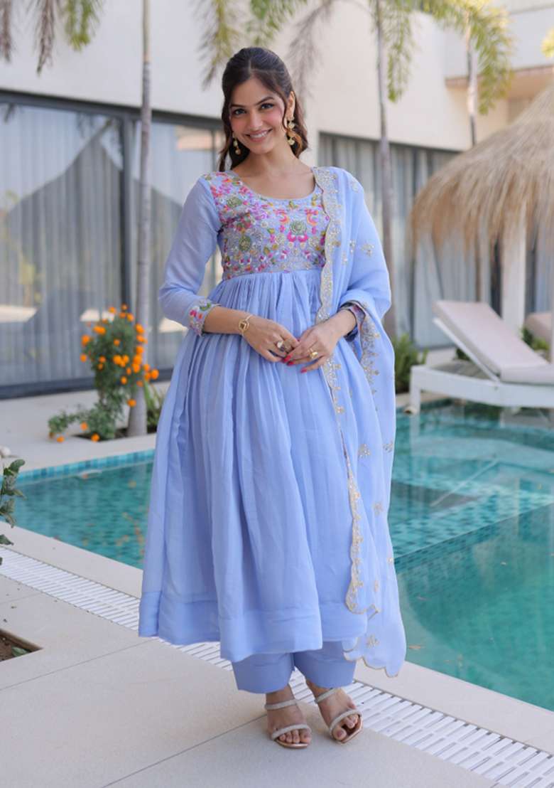 Sky Blue Beads Work Mal Chanderi Anarkali Set - Indya
