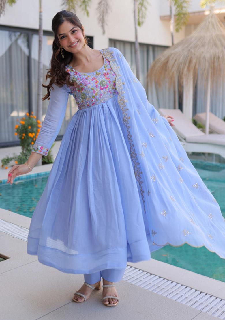Sky Blue Beads Work Mal Chanderi Anarkali Set - Indya