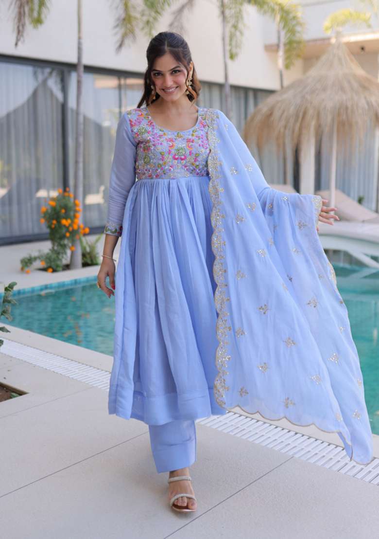 Sky Blue Beads Work Mal Chanderi Anarkali Set - Indya