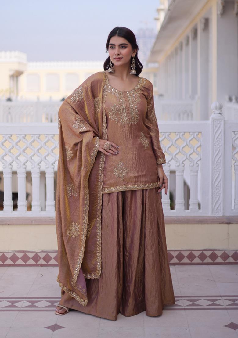 Golden Embroidered Fendi Anarkali Set - Indya