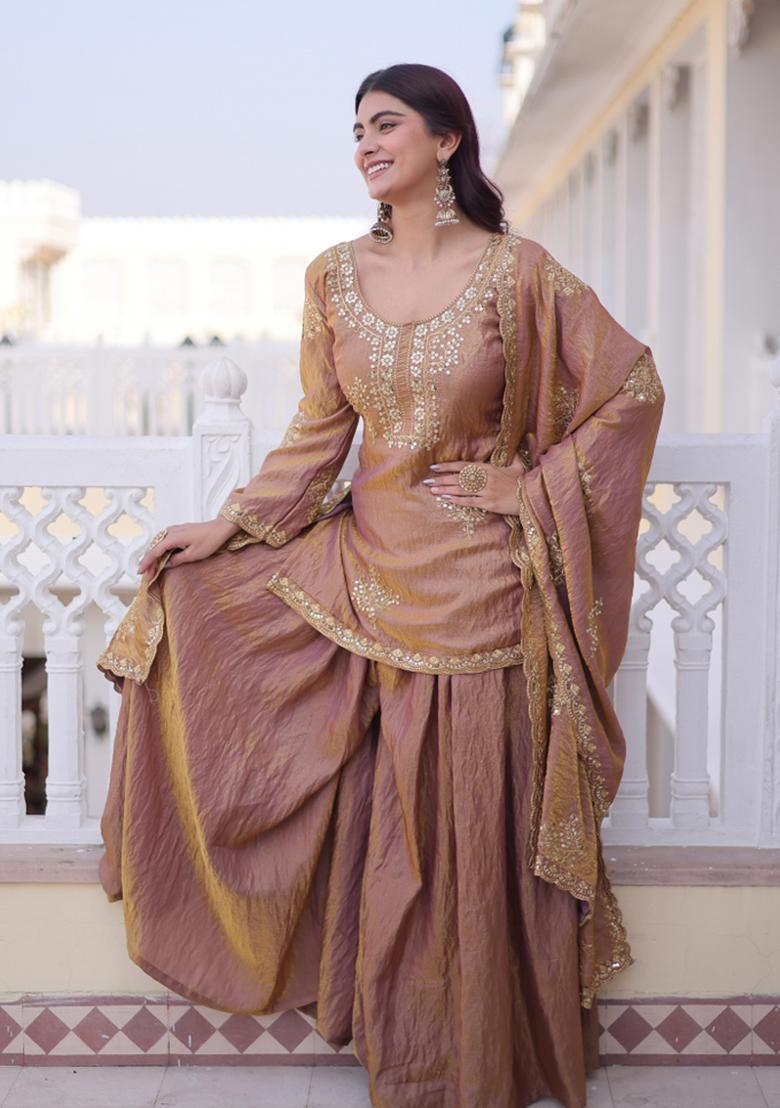 Golden Embroidered Fendi Anarkali Set - Indya