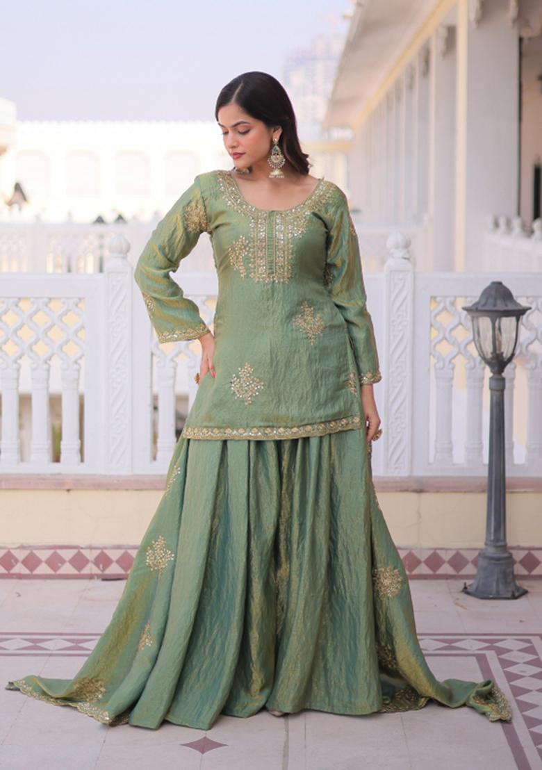 Golden Embroidered Fendi Anarkali Set - Indya