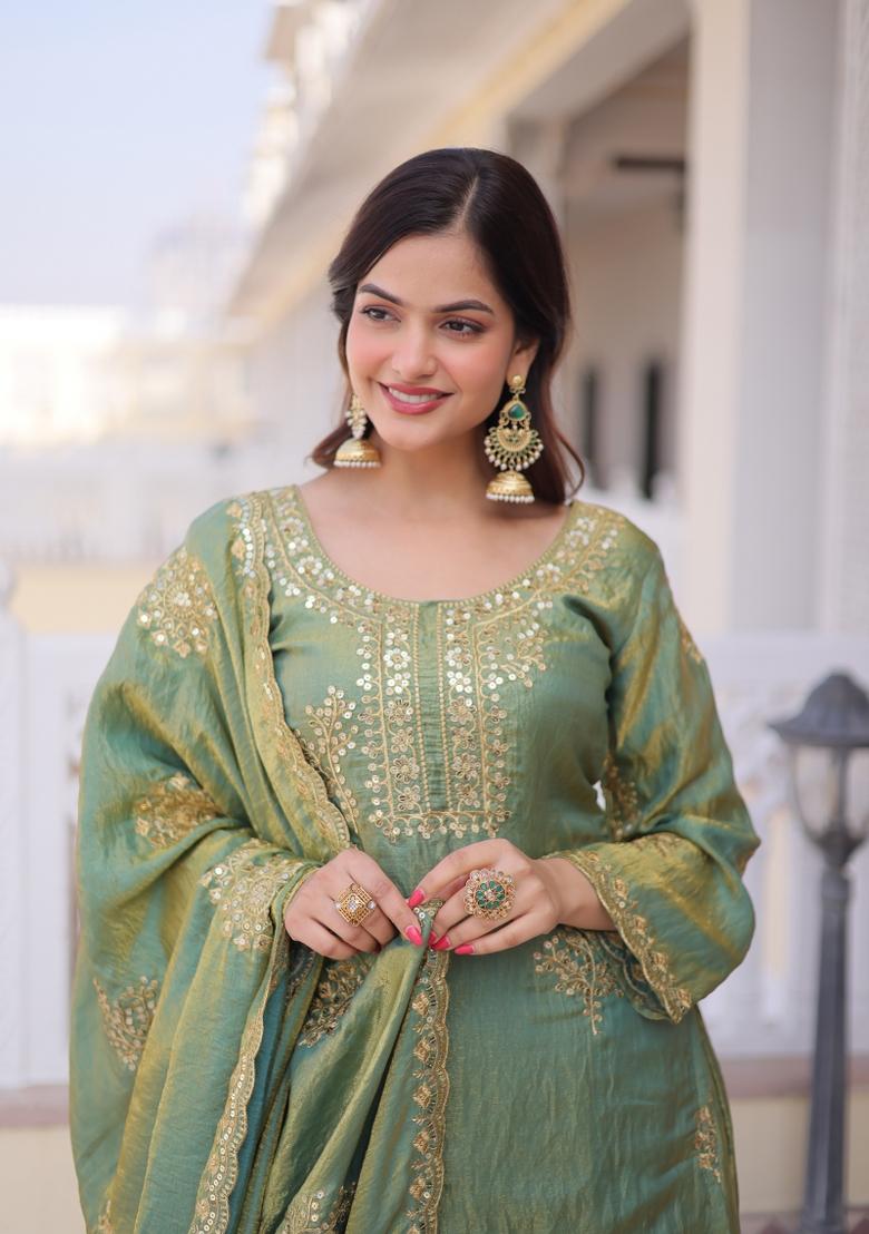 Golden Embroidered Fendi Anarkali Set - Indya