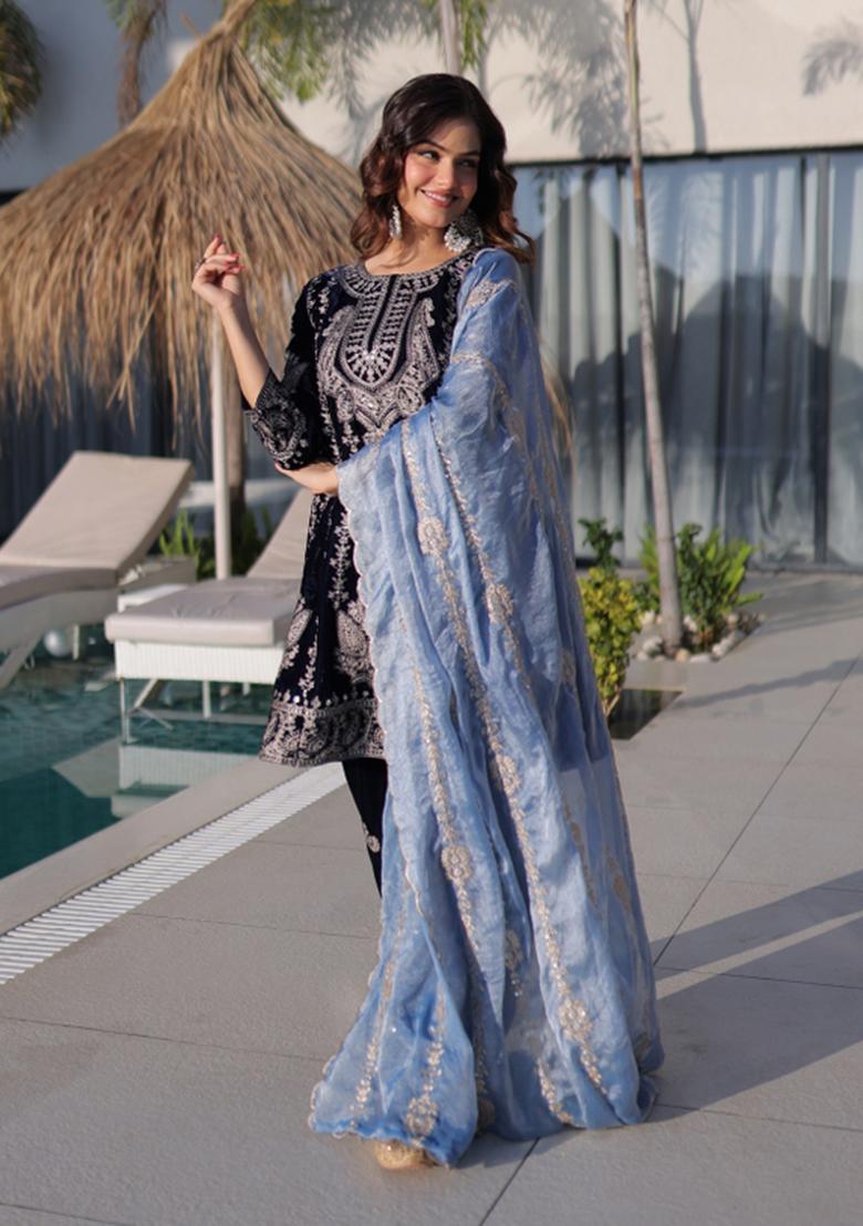 Black Embroidered Velvet Anarkali Set - Indya