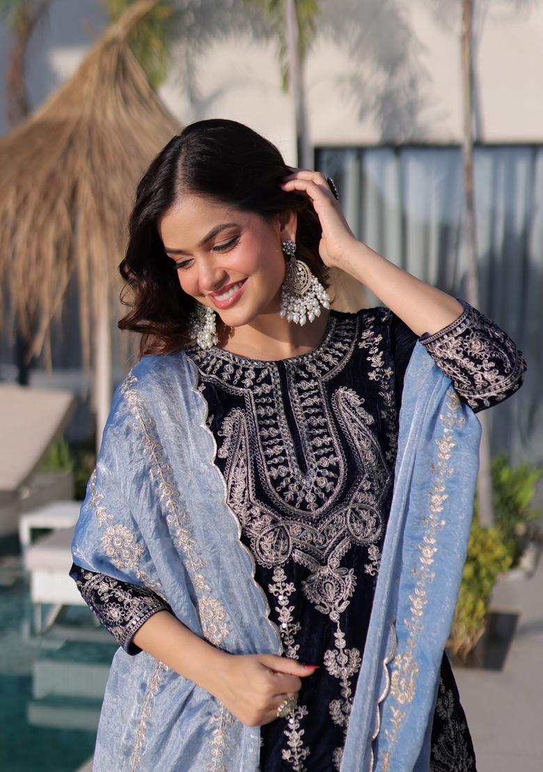 Black Embroidered Velvet Anarkali Set - Indya