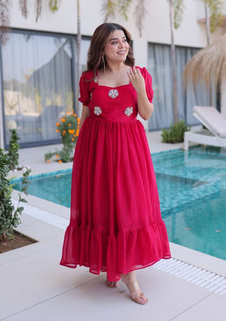 Pink Beads Work Silk Anarkali - Indya