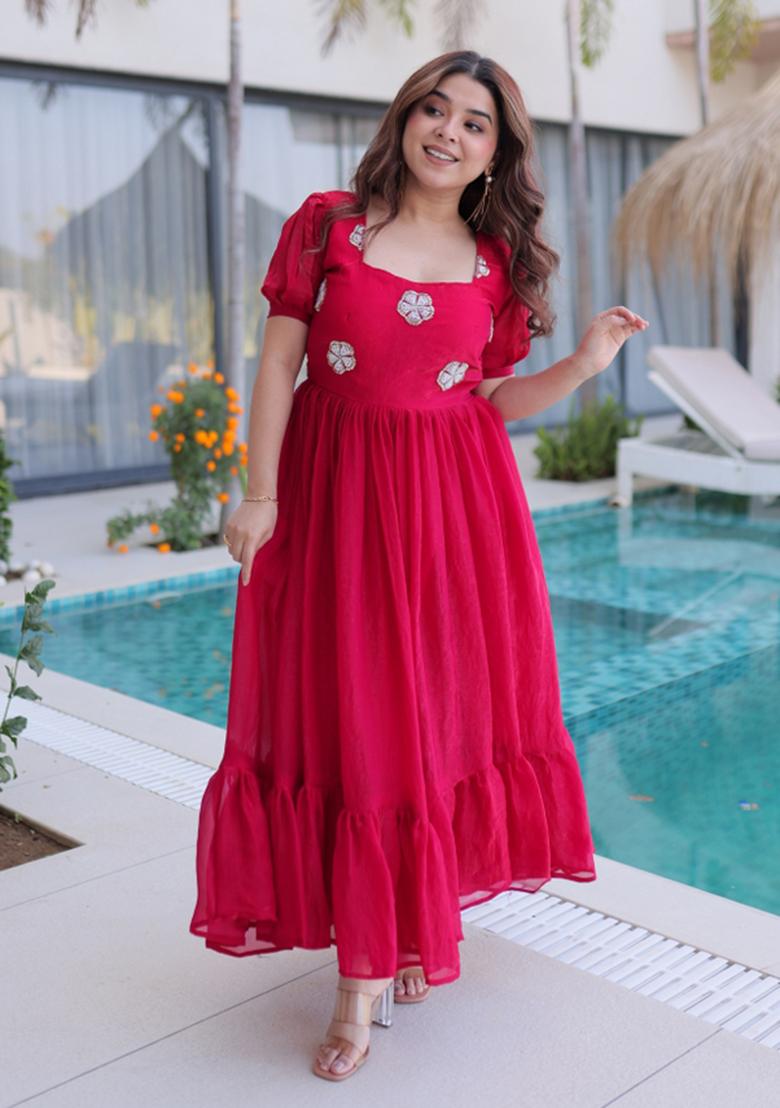 Pink Beads Work Silk Anarkali - Indya