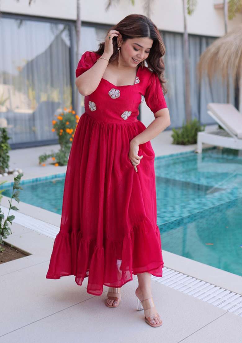 Pink Beads Work Silk Anarkali - Indya