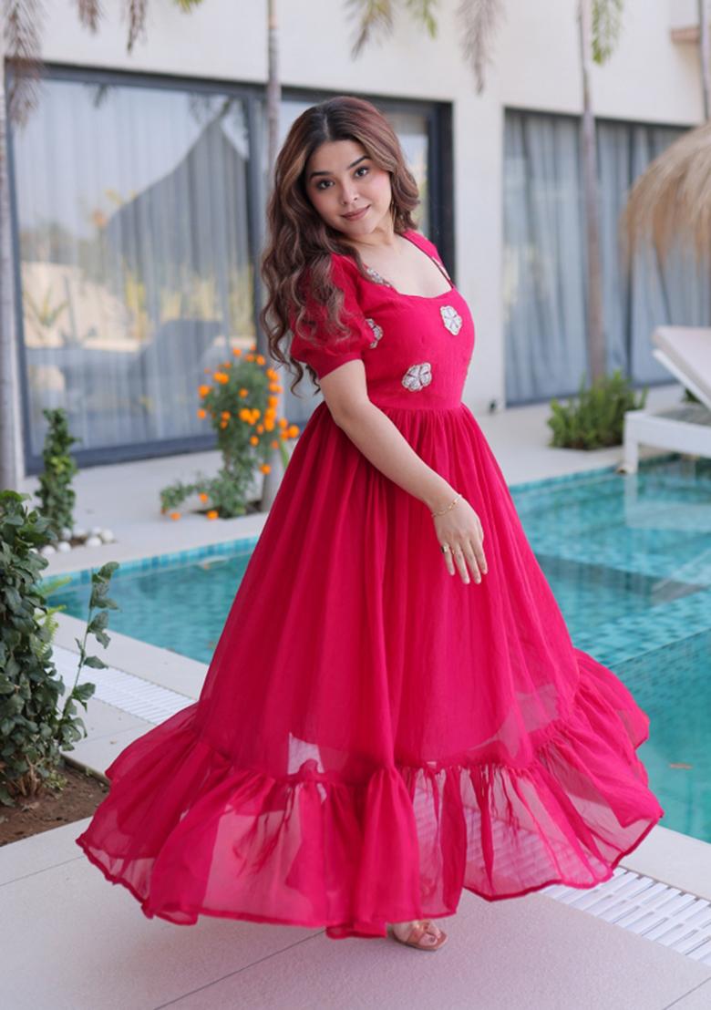 Pink Beads Work Silk Anarkali - Indya