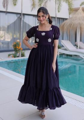 Wine Beads Work Silk Anarkali