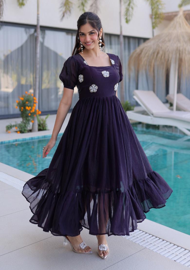 Wine Beads Work Silk Anarkali - Indya
