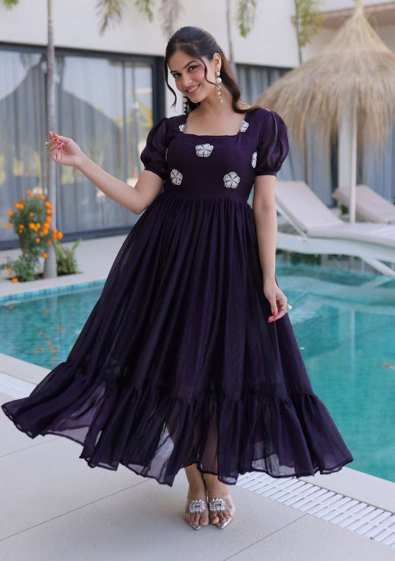 Wine Beads Work Silk Anarkali - Indya