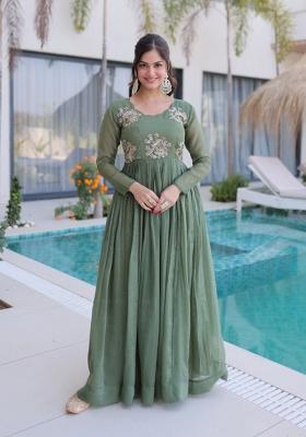 Green Beads Work Silver Crunchy Anarkali