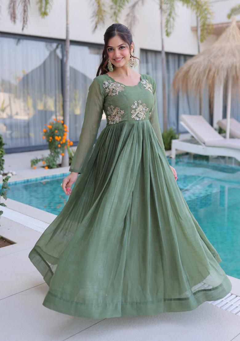 Green Beads Work Silver Crunchy Anarkali - Indya