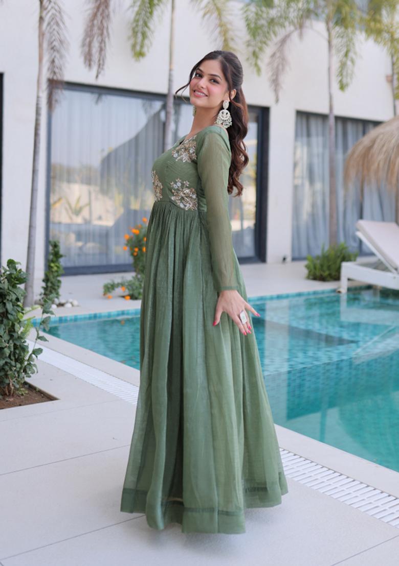 Green Beads Work Silver Crunchy Anarkali - Indya