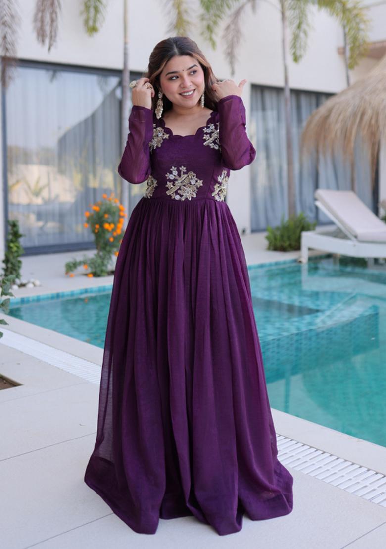 Wine Beads Work Silver Crunchy Anarkali - Indya
