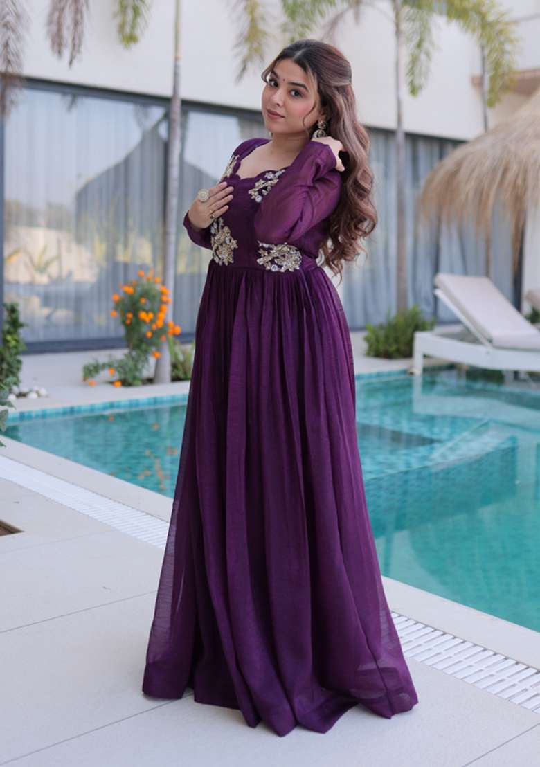 Wine Beads Work Silver Crunchy Anarkali - Indya
