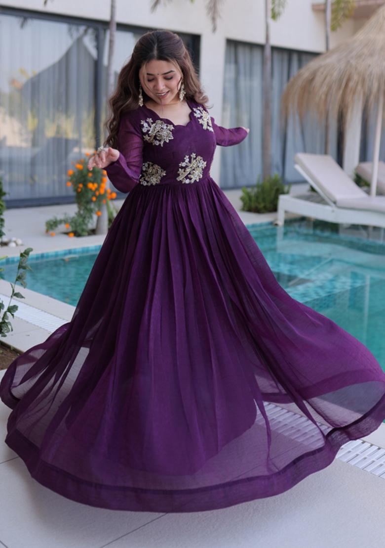 Wine Beads Work Silver Crunchy Anarkali - Indya