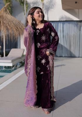 Purple Embroidered Velvet Anarkali Set