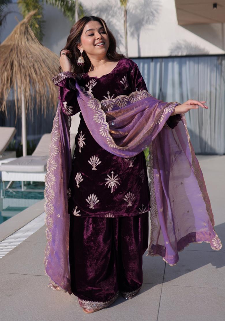 Purple Embroidered Velvet Anarkali Set - Indya