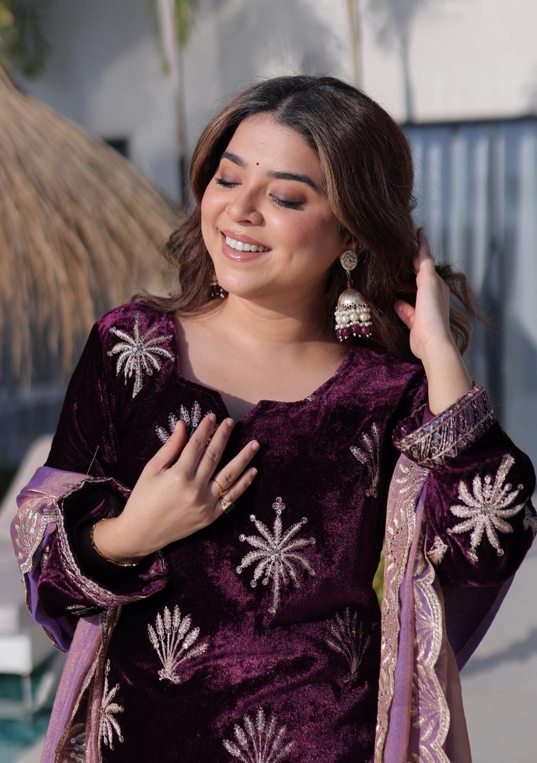 Purple Embroidered Velvet Anarkali Set - Indya