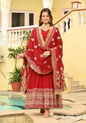 Maroon Embroidered Faux Blooming Anarkali With Dupatta