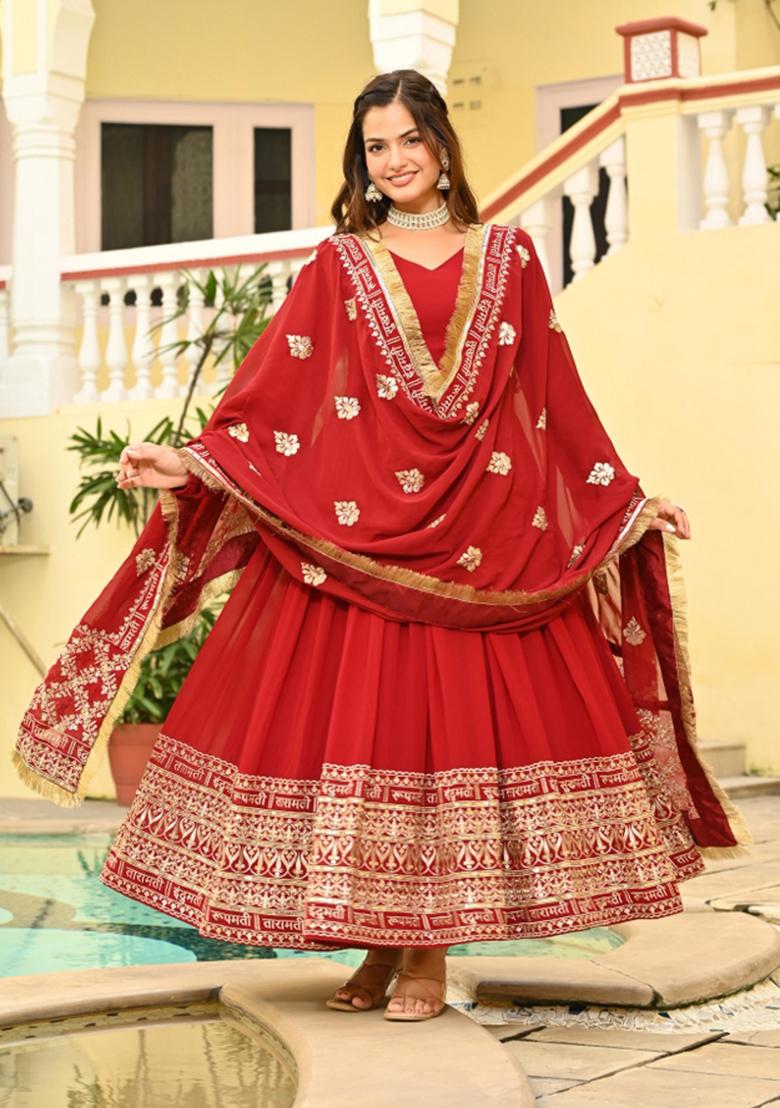 Maroon Embroidered Faux Blooming Anarkali With Dupatta - Indya