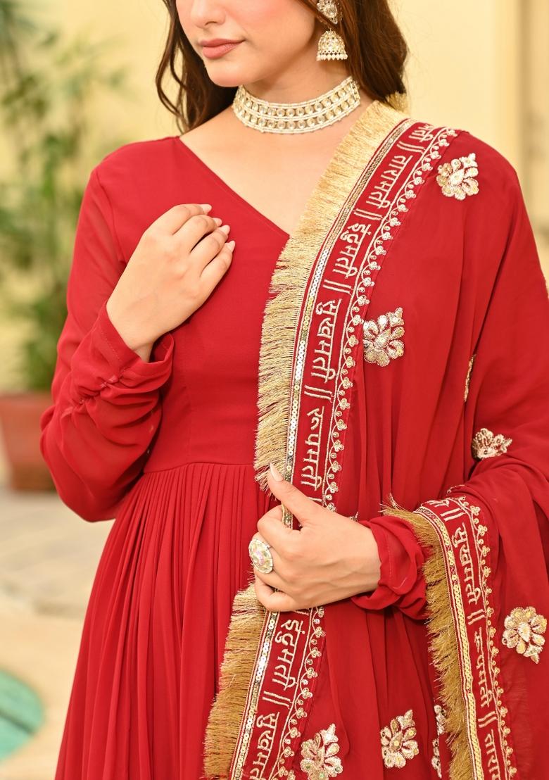 Maroon Embroidered Faux Blooming Anarkali With Dupatta - Indya