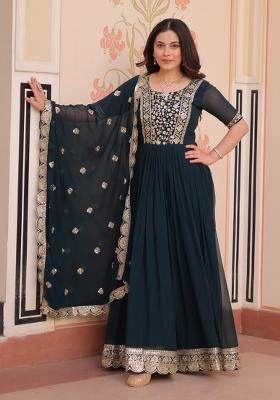 Rama Embroidered Faux Blooming Anarkali With Dupatta