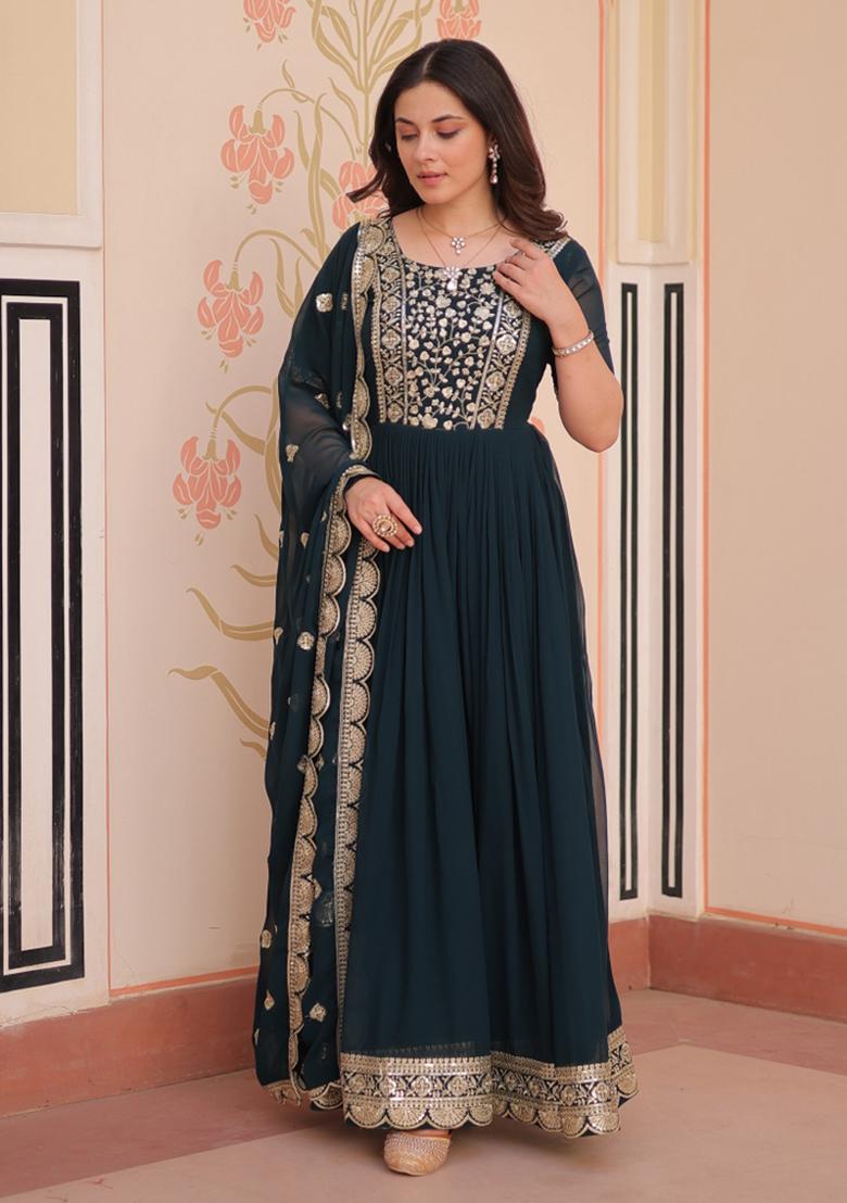 Rama Embroidered Faux Blooming Anarkali With Dupatta - Indya