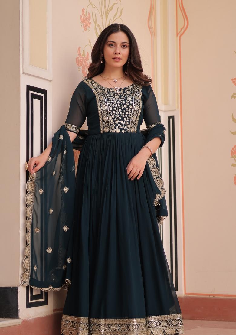 Rama Embroidered Faux Blooming Anarkali With Dupatta - Indya