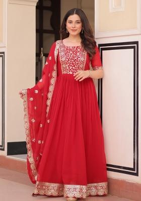 Red Embroidered Faux Blooming Anarkali With Dupatta