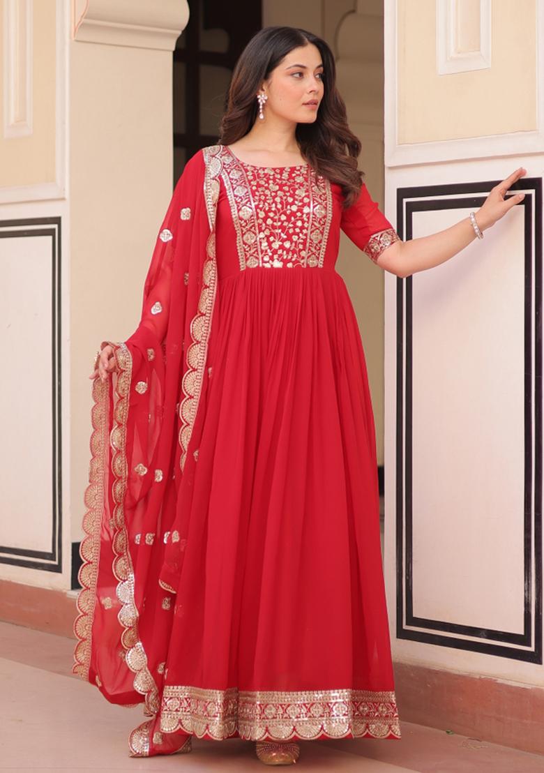 Red Embroidered Faux Blooming Anarkali With Dupatta - Indya