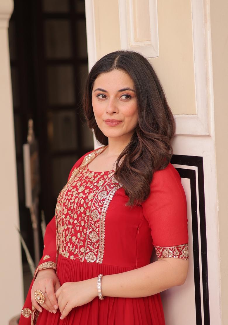 Red Embroidered Faux Blooming Anarkali With Dupatta - Indya