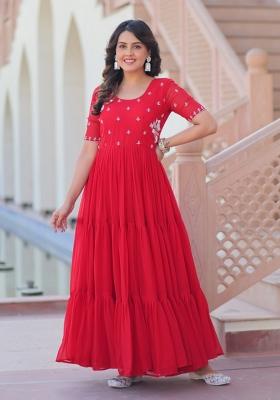 Red Beads Work Faux Blooming Anarkali
