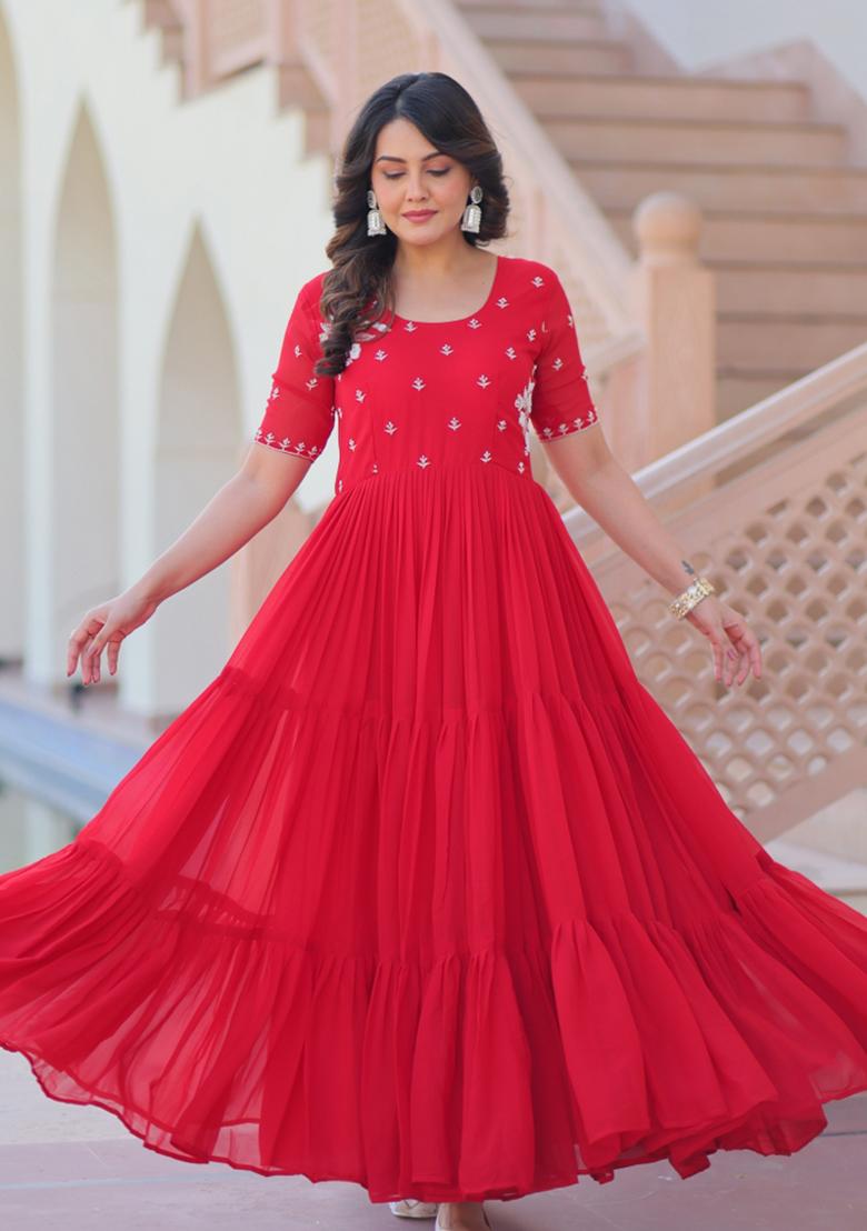 Red Beads Work Faux Blooming Anarkali - Indya