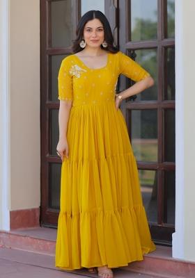 Yellow Beads Work Faux Blooming Anarkali