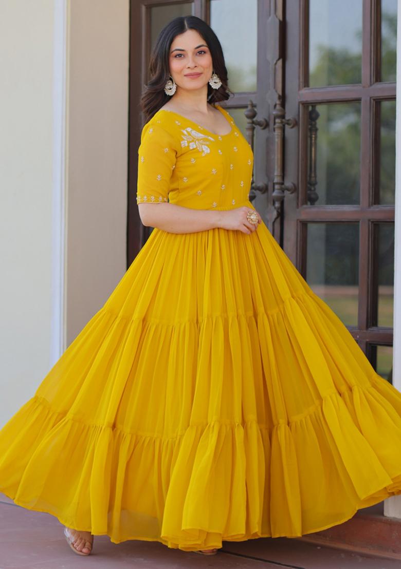 Yellow Beads Work Faux Blooming Anarkali - Indya