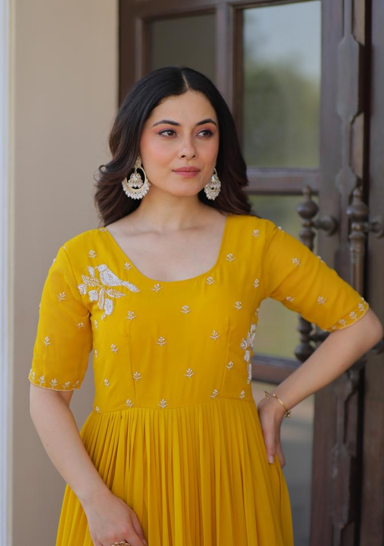 Yellow Beads Work Faux Blooming Anarkali - Indya