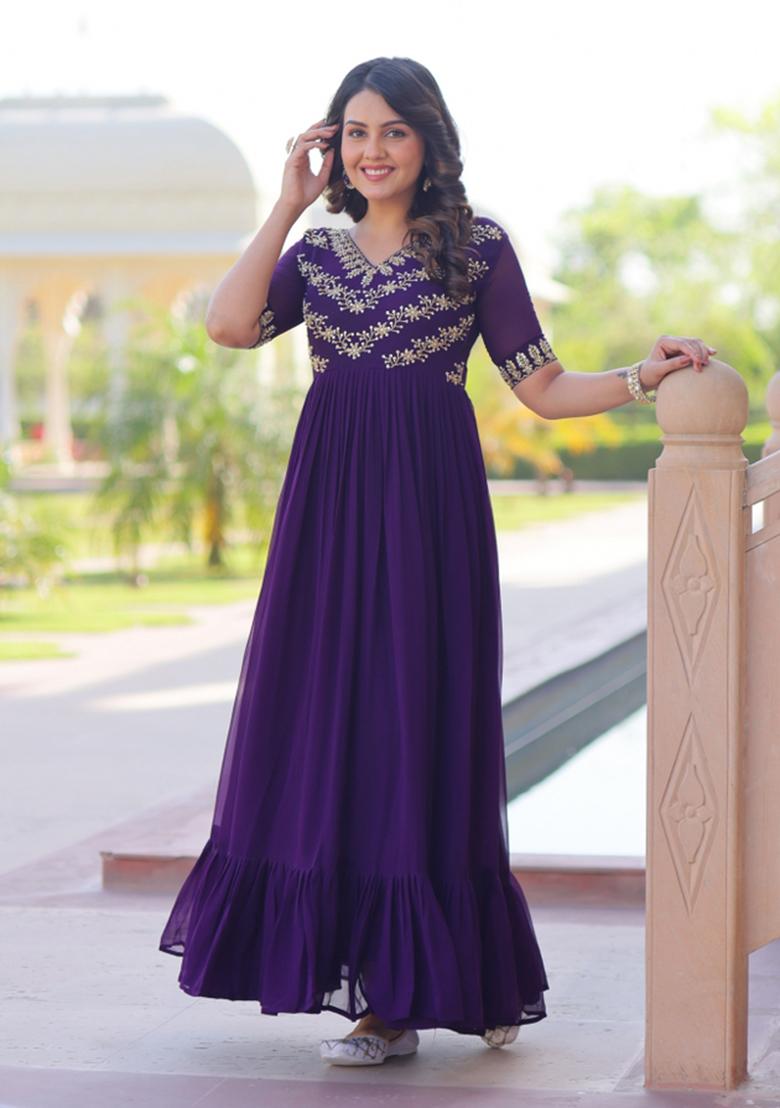 Purple Beads Work Faux Blooming Anarkali - Indya