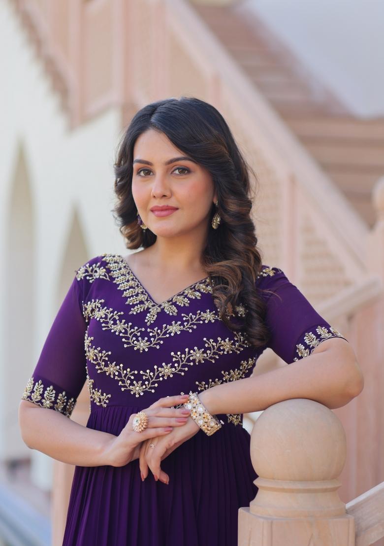 Purple Beads Work Faux Blooming Anarkali - Indya